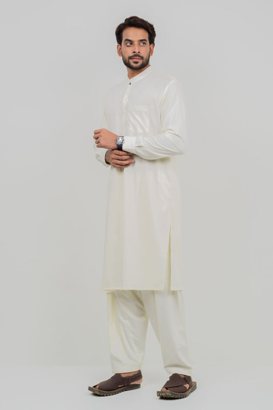 Cream Boski Kameez Shalwar with Band Collar