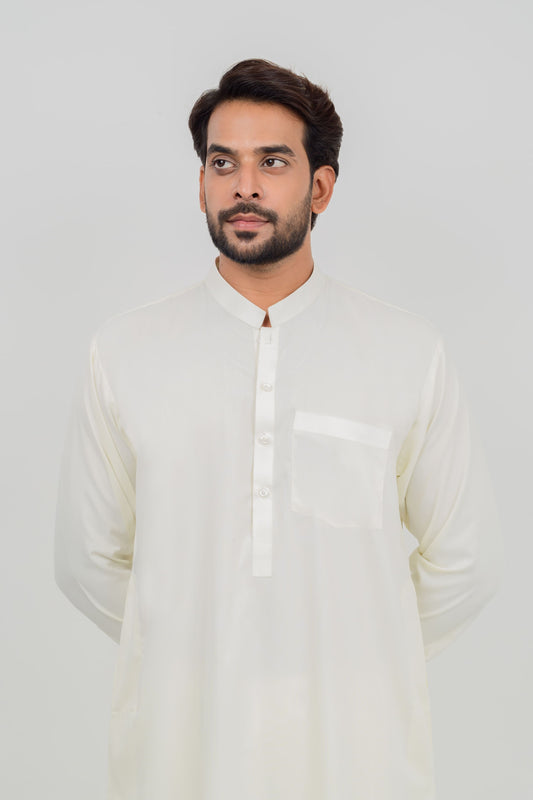 Cream Boski Kameez Shalwar with Band Collar