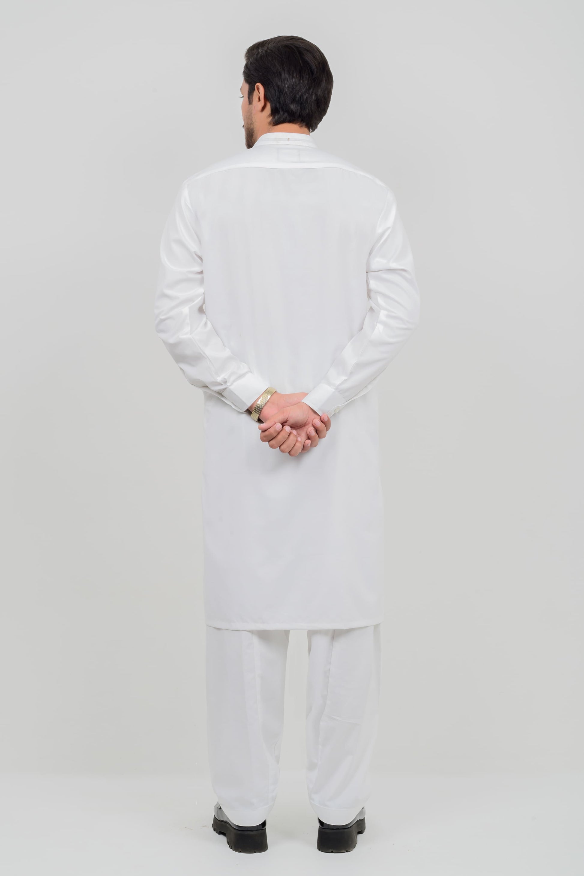 Off White Blended Kameez Shalwar with Band Collar