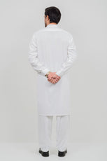 Off White Blended Kameez Shalwar with Band Collar