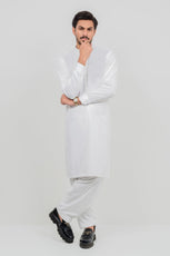 Off White Blended Kameez Shalwar with Band Collar