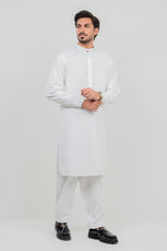 Off White Blended Kameez Shalwar with Band Collar