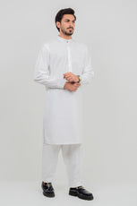 Off White Blended Kameez Shalwar with Band Collar