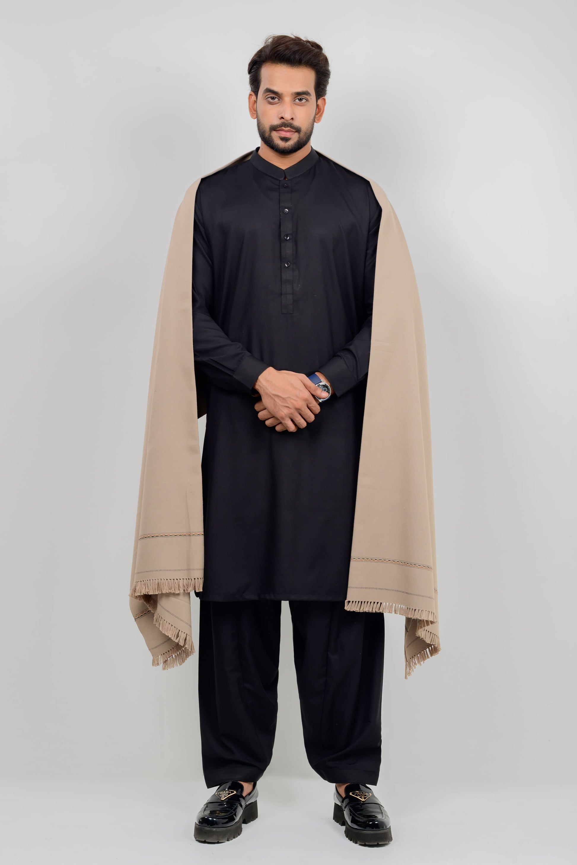 Black Kameez Shalwar + Khaki Shawl (Combo Deal)