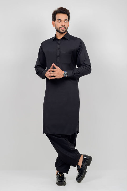 Black Blended Kameez Shalwar with Shirt Collar