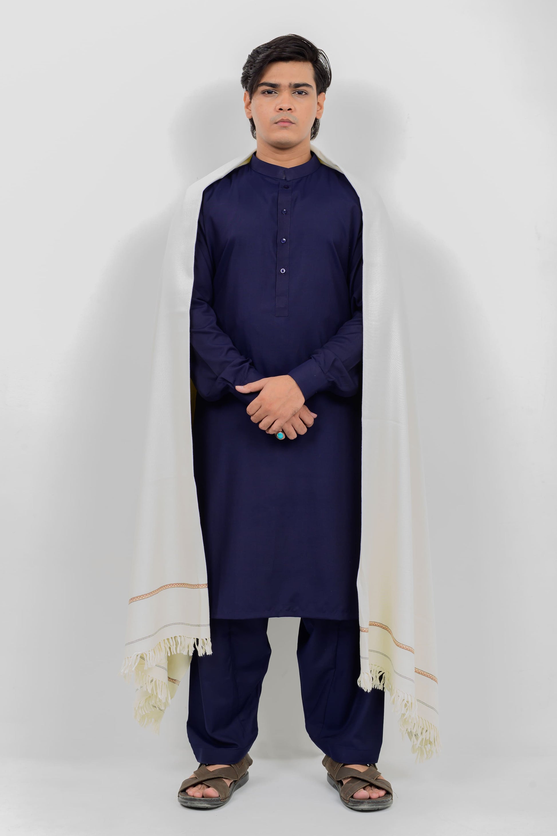 Navy Blue Kameez Shalwar + Pearl White Shawl (Combo Deal)