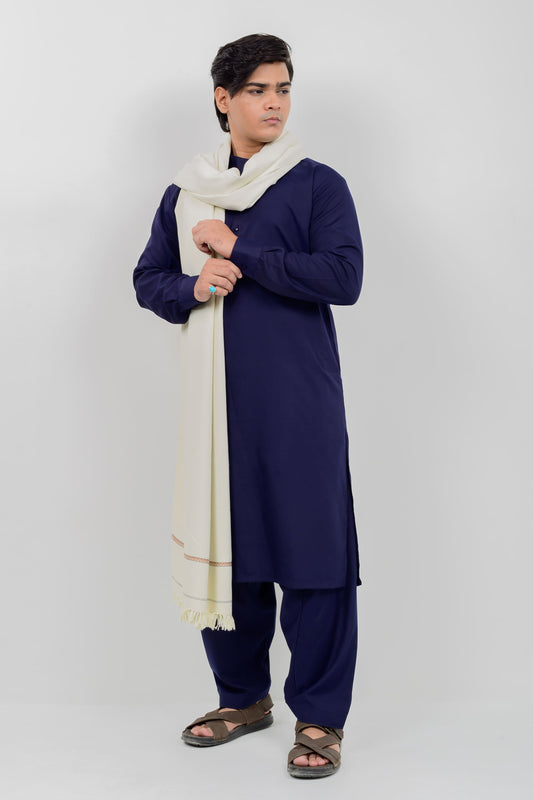 Navy Blue Kameez Shalwar + Pearl White Shawl (Combo Deal)