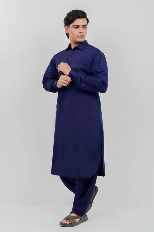 Navy Blue Boski Kameez Shalwar with Shirt Collar