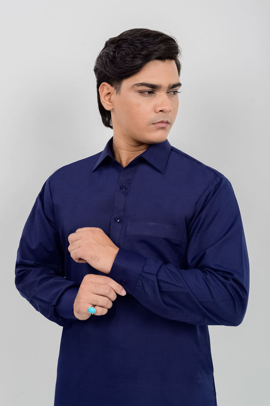 Navy Blue Boski Kameez Shalwar with Shirt Collar