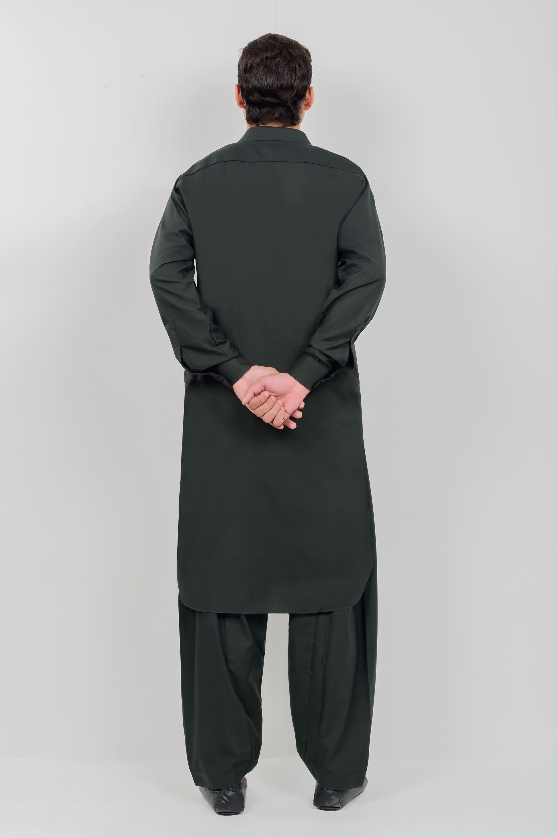 Bottle Green Boski Kameez Shalwar with Shirt Collar