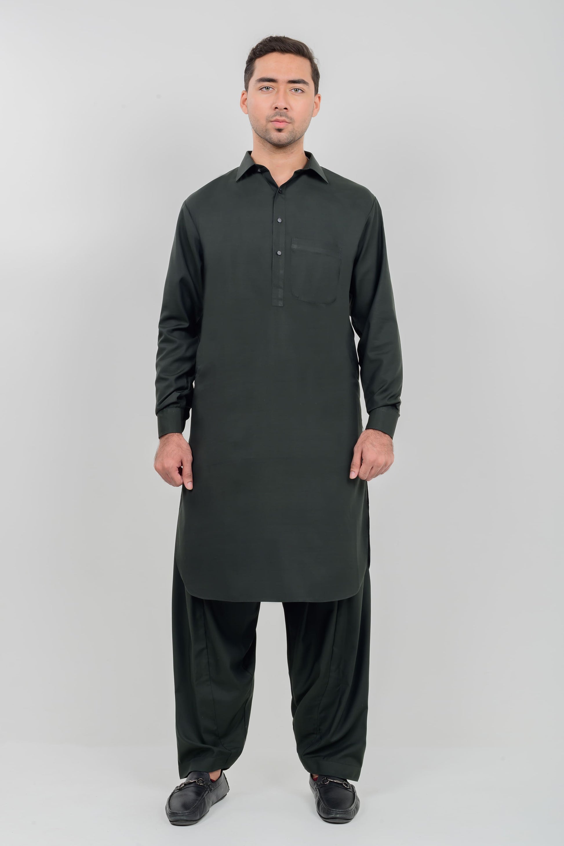 Bottle Green Boski Kameez Shalwar with Shirt Collar