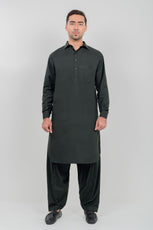 Bottle Green Boski Kameez Shalwar with Shirt Collar