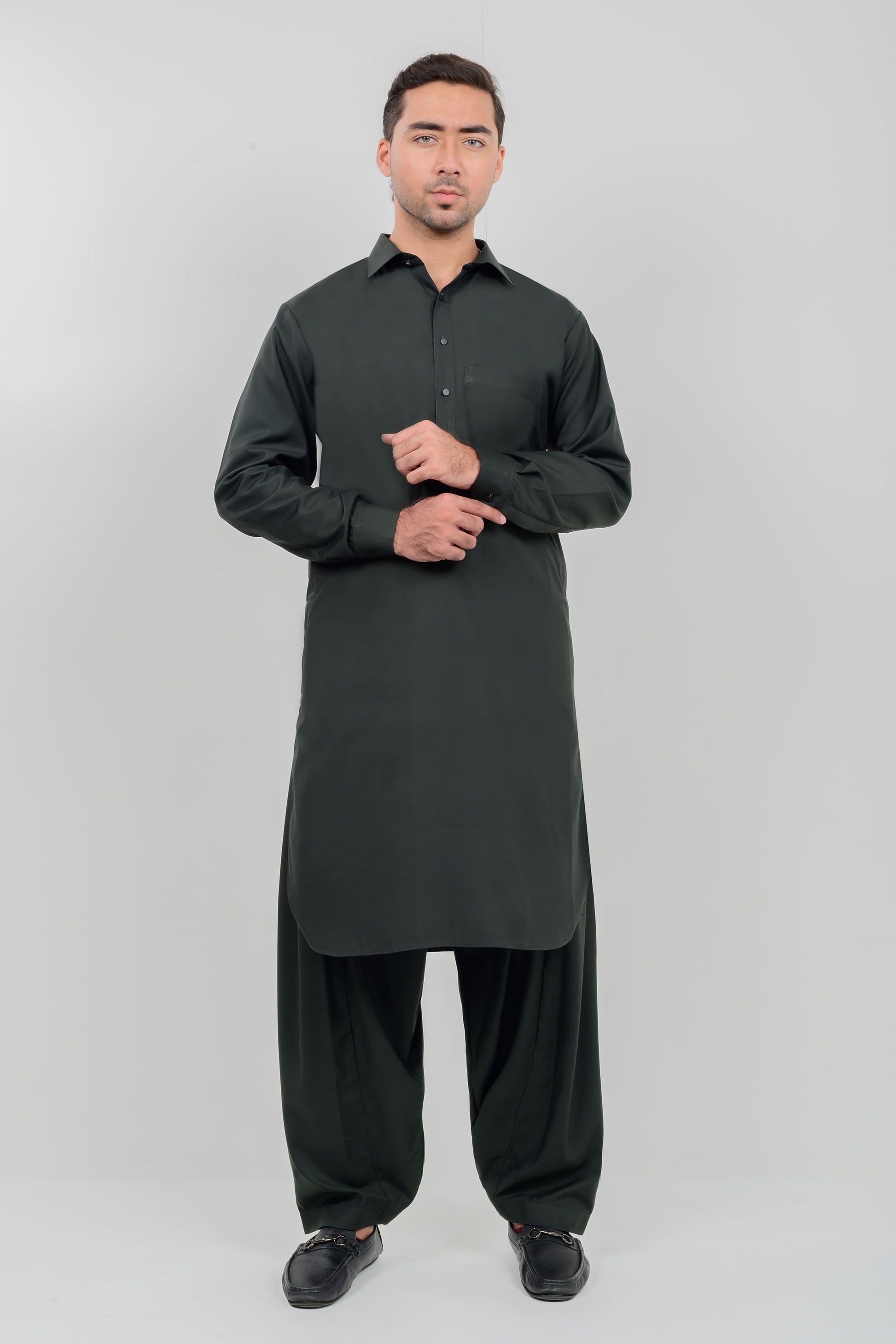 Bottle Green Boski Kameez Shalwar with Shirt Collar