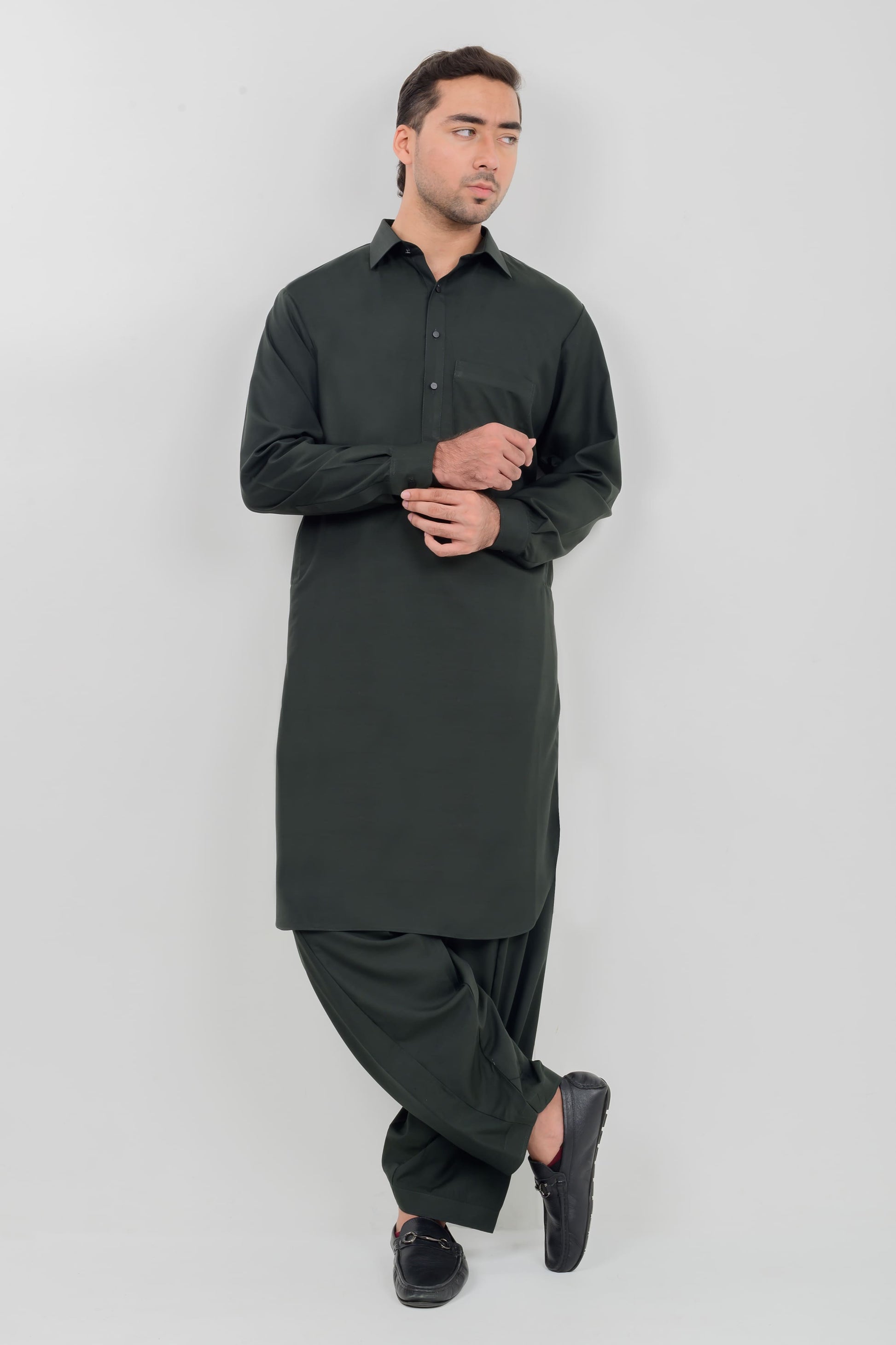 Bottle Green Boski Kameez Shalwar with Shirt Collar