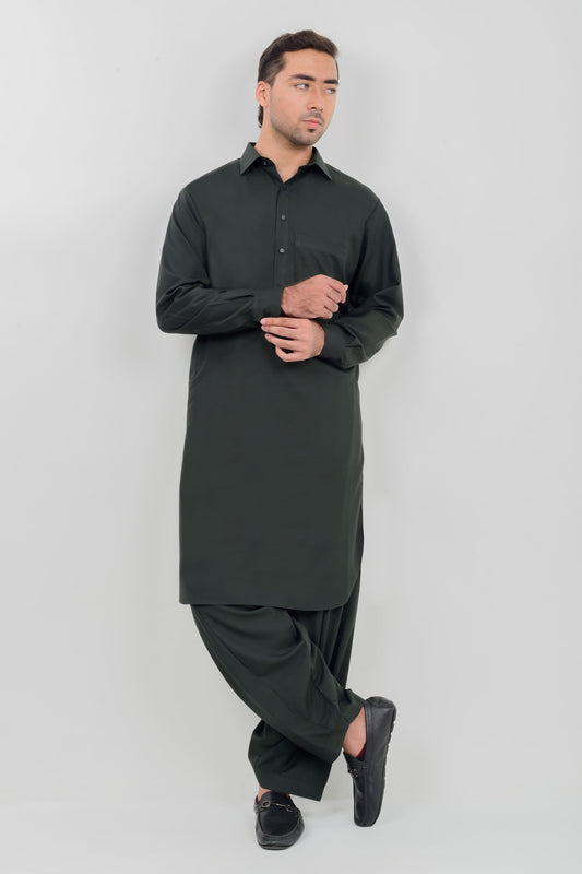 Bottle Green Boski Kameez Shalwar with Shirt Collar