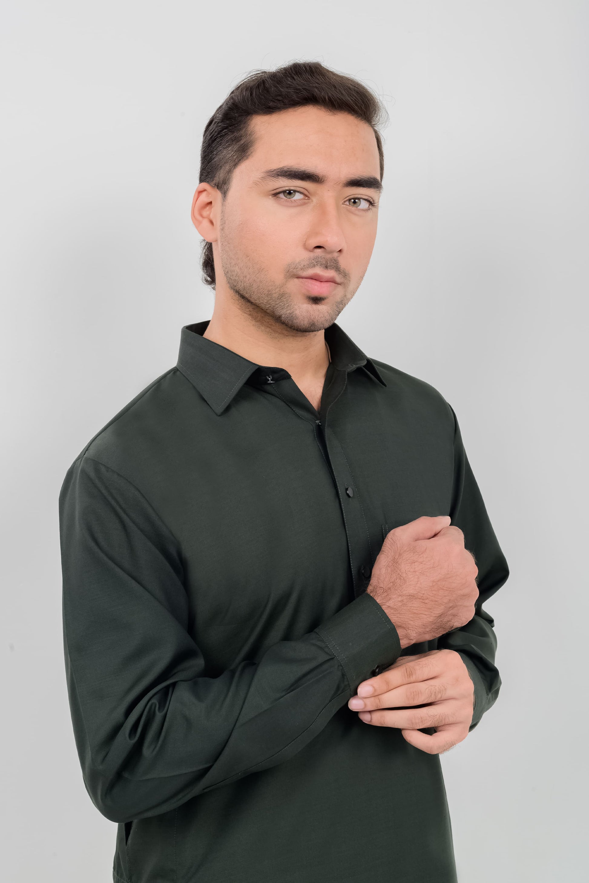 Bottle Green Boski Kameez Shalwar with Shirt Collar