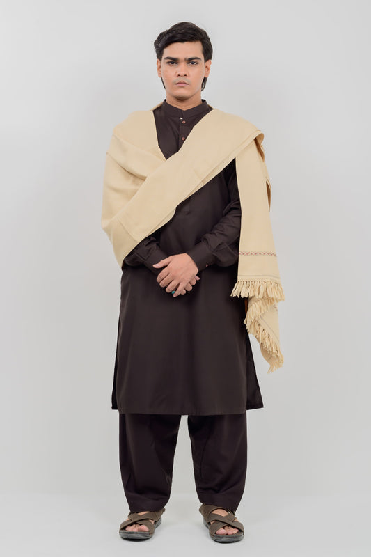 Chocolate Kameez Shalwar + Tan Shawl (Combo Deal)