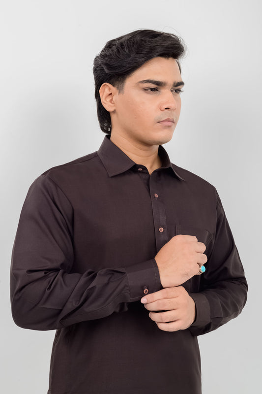 Chocolate Boski Kameez Shalwar with Shirt Collar