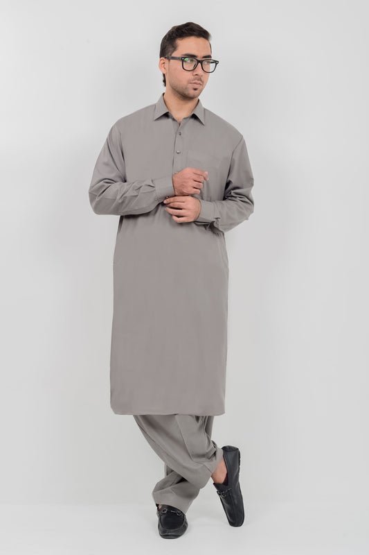 Light Gray Blended Kameez Shalwar with Shirt Collar