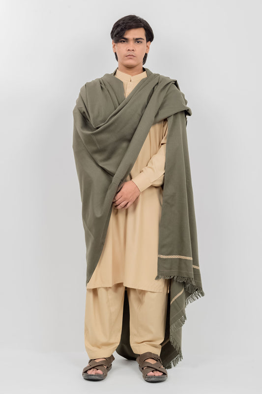 Tan Kameez Shalwar + Olive Green Shawl (Combo Deal)