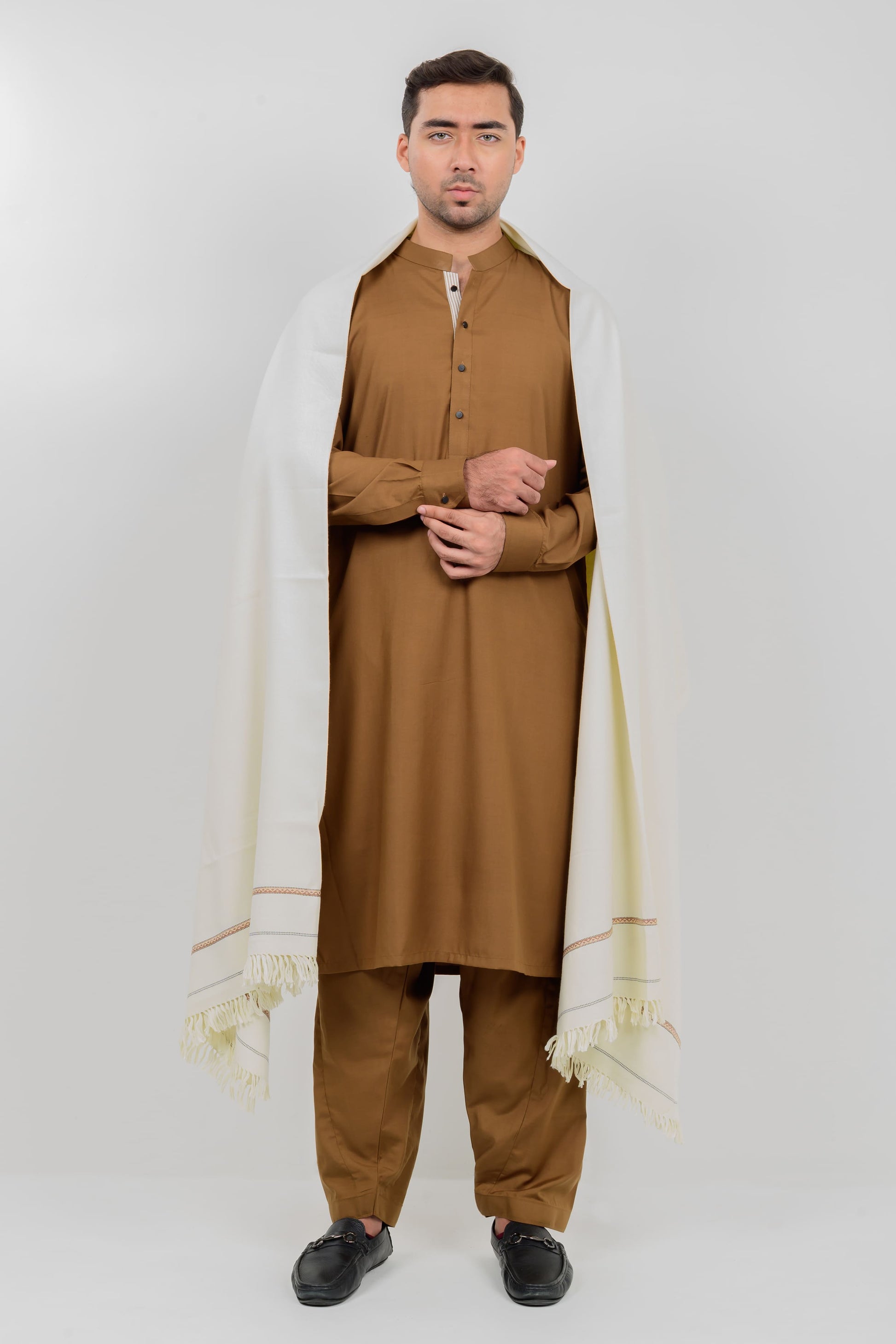 Brown Kameez Shalwar + Pearl White Shawl (Combo Deal)