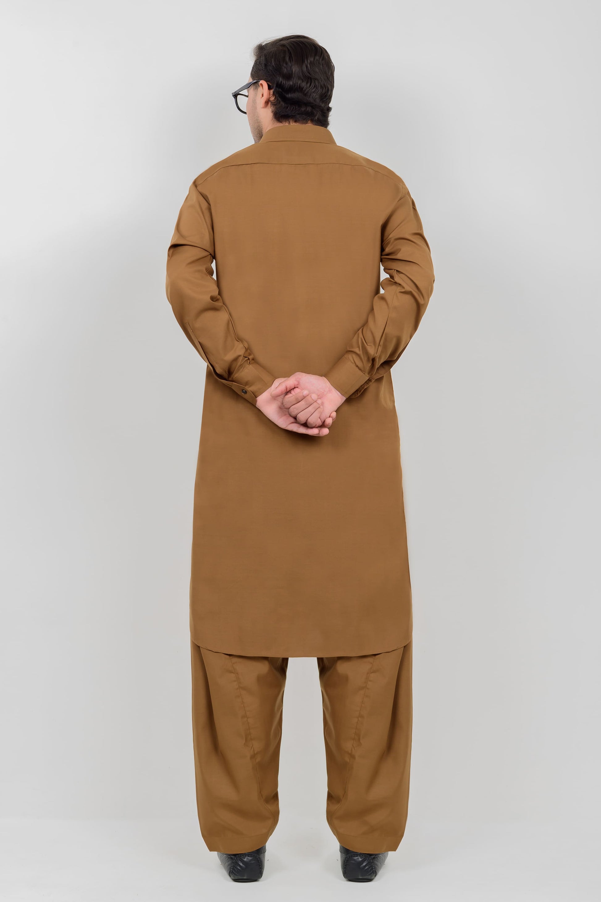 Brown Boski Kameez Shalwar with Shirt Collar