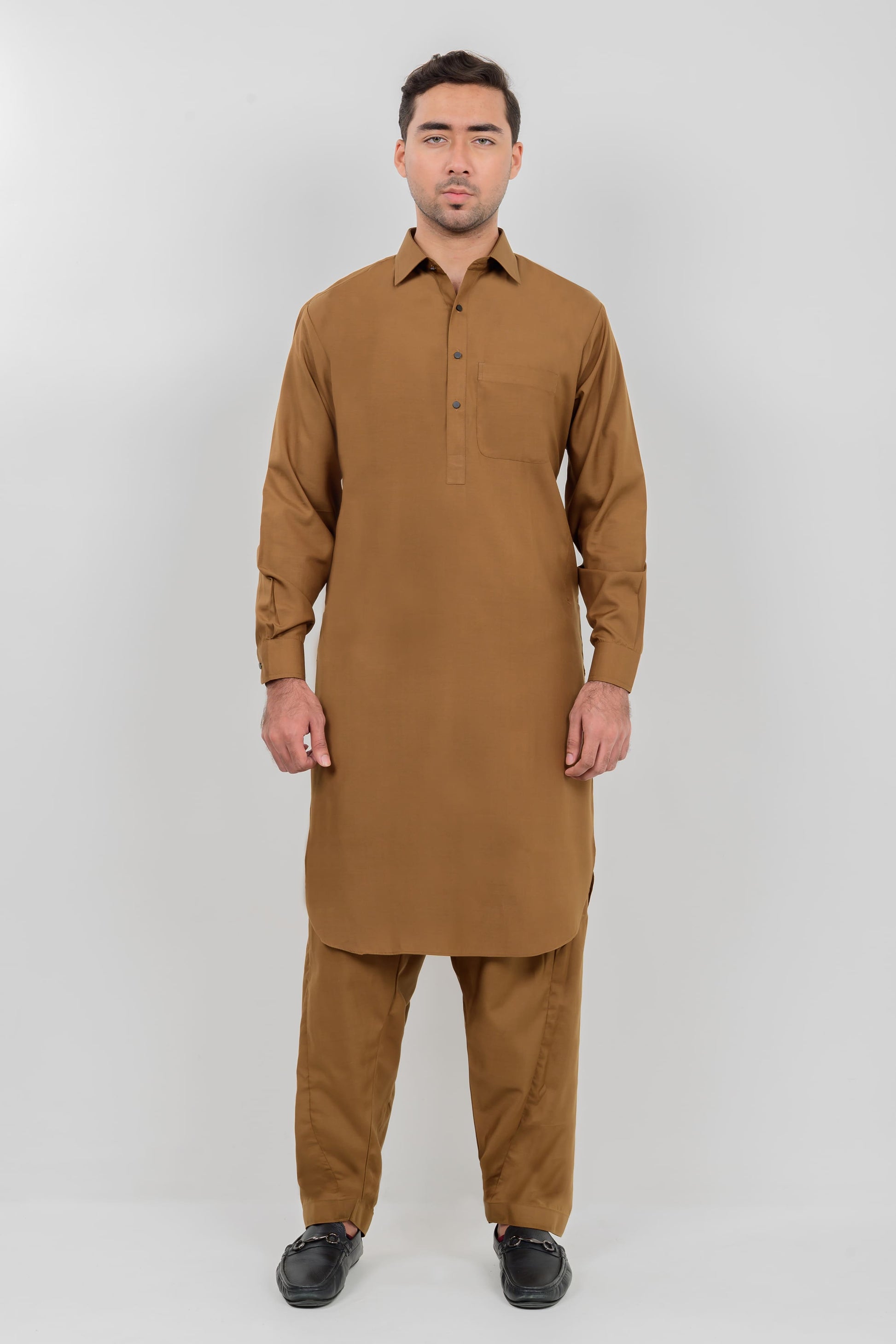 Brown Boski Kameez Shalwar with Shirt Collar