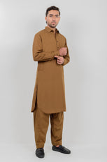 Brown Boski Kameez Shalwar with Shirt Collar