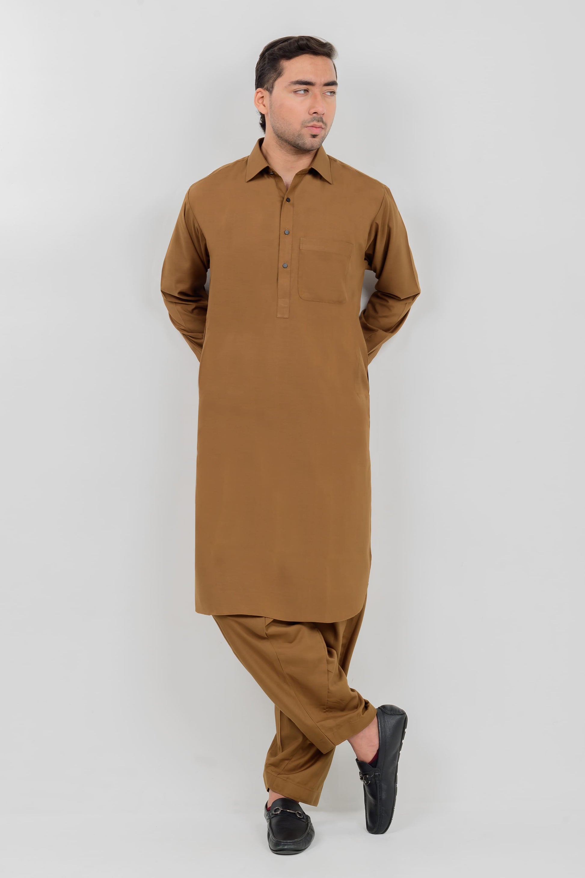 Brown Boski Kameez Shalwar with Shirt Collar