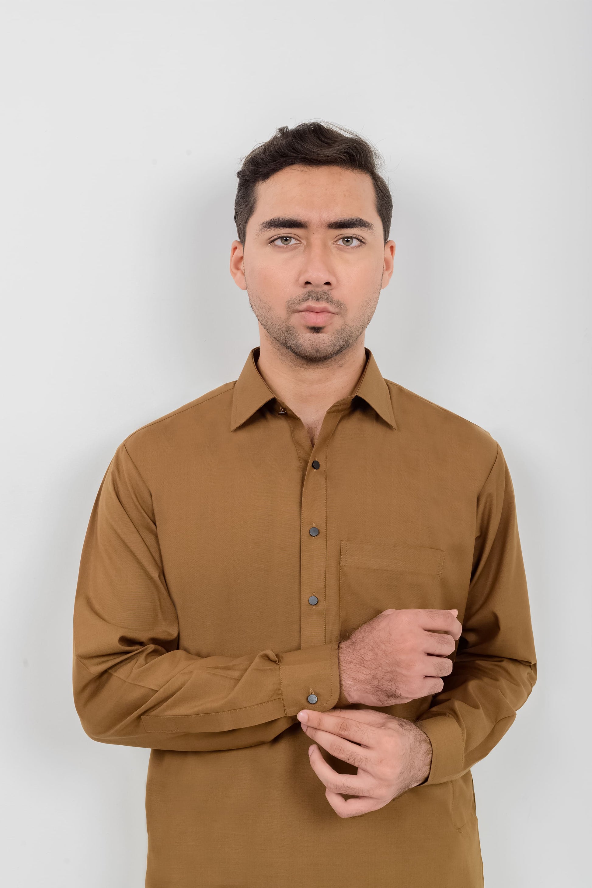 Brown Boski Kameez Shalwar with Shirt Collar