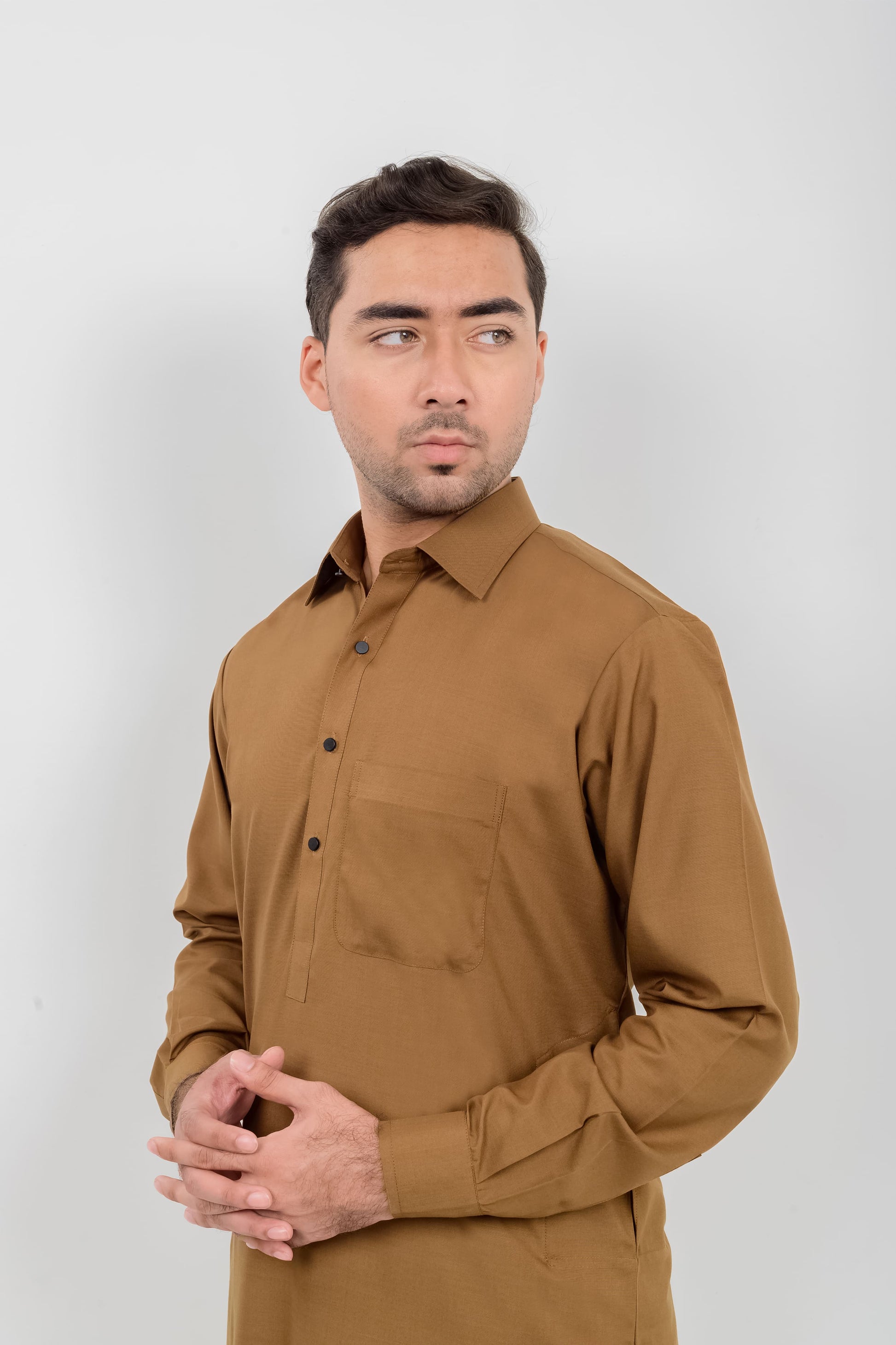 Brown Boski Kameez Shalwar with Shirt Collar